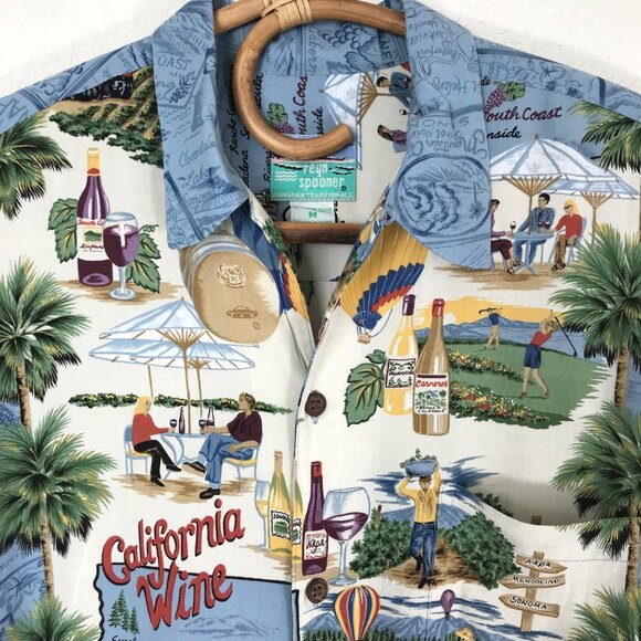 Reyn Spooner California Wine Map Print Rayon Hawaiian Shirt Blue Medium Napa - Picture 3 of 7